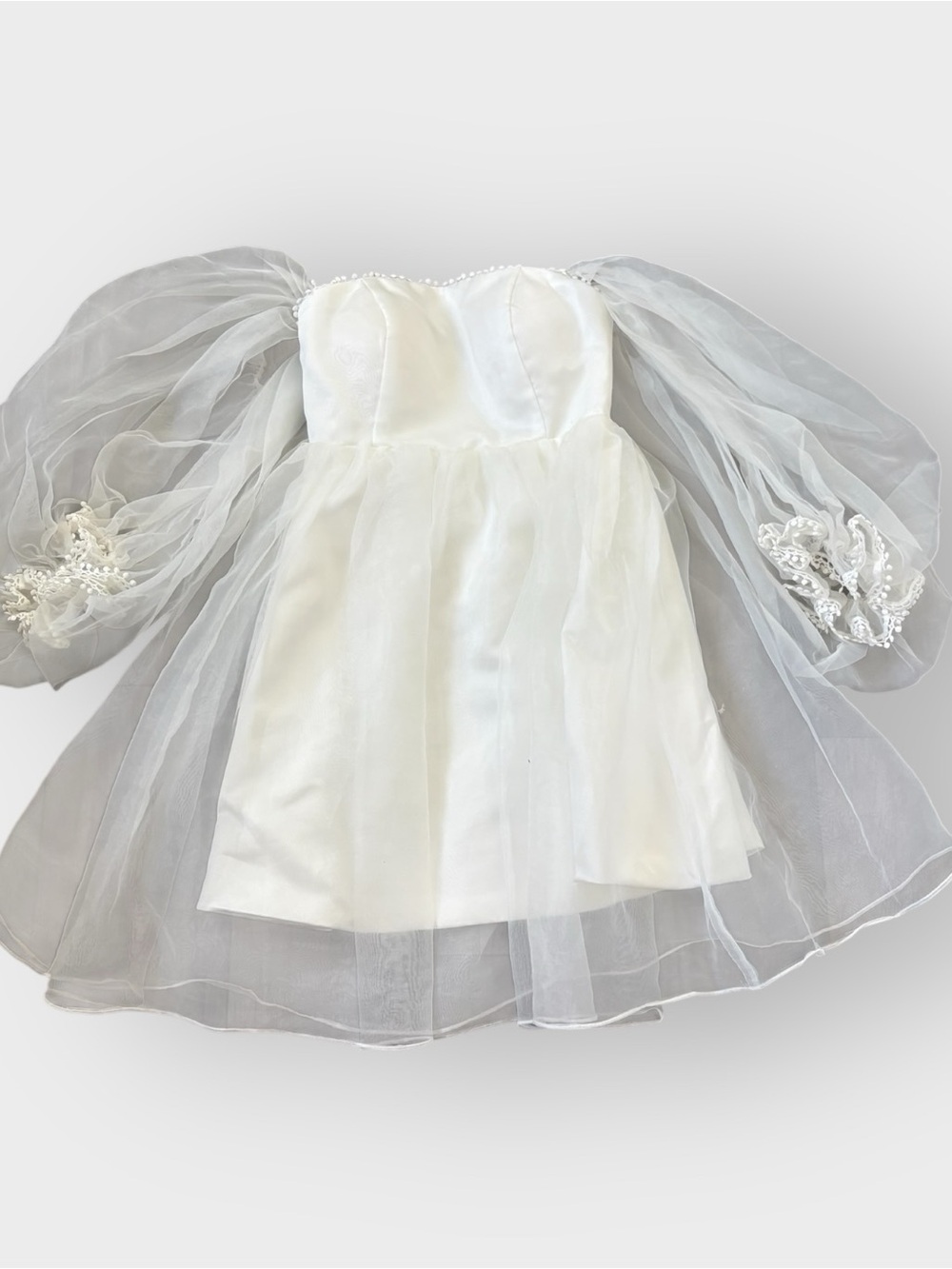 White Strapless Mini Dress with Sheer Puff Sleeves - Sheer Satin